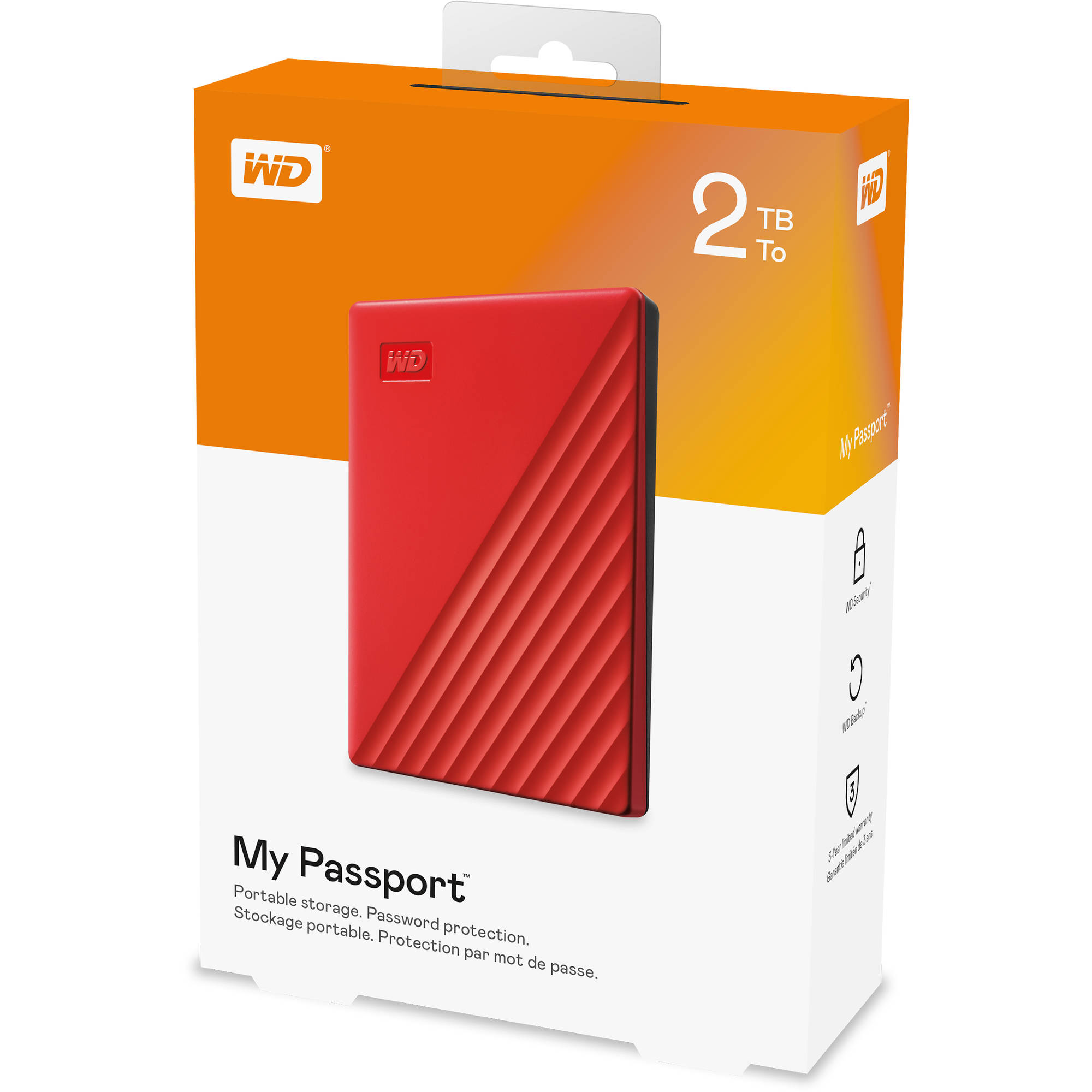 Western Digital My Passport HDD portabil 2TB 2.5inch USB 3.2 slim cripare 256-bit AES rosu