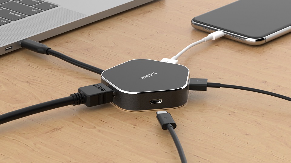 D-Link DUB-M420 4 in 1 Hub USB-C cu port HDMI si alimentare pana la 60W, aluminiu negru