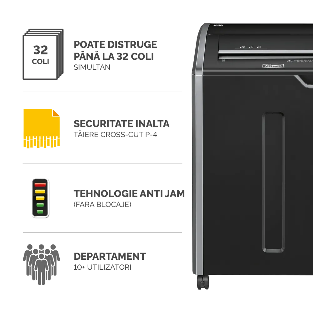 Fellowes Distrugator documente 485Ci A3, 32 coli, particule 4x30 mm, P-4, cos 132L 