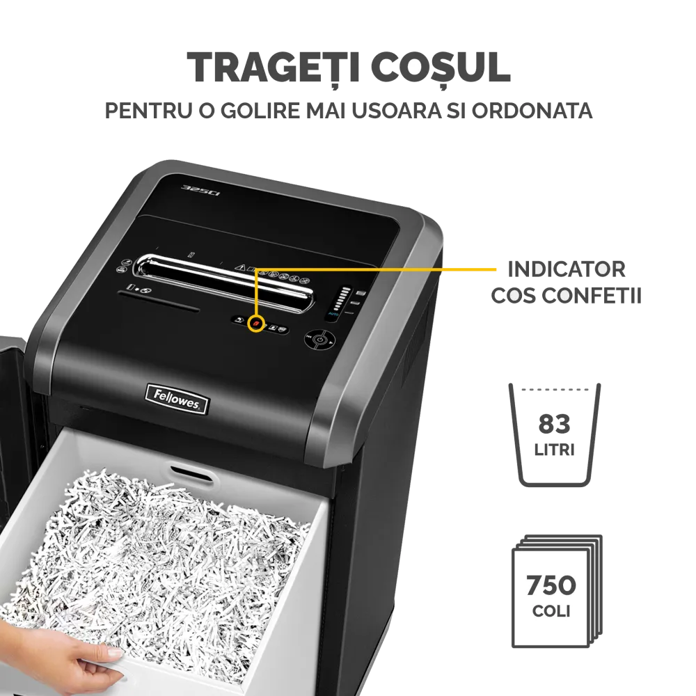 Fellowes Distrugator documente 325Ci, 22-24 coli, particule 4x38 mm, P-4, cos 83L 