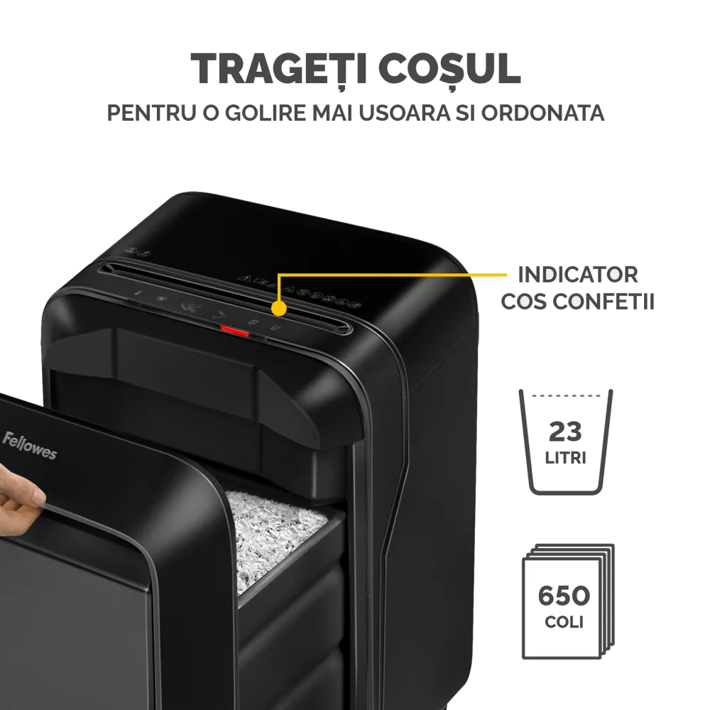Fellowes Distrugator documente LX211 negru, 15 coli, microparticule 2x12 mm, P-5, cos 23L 
