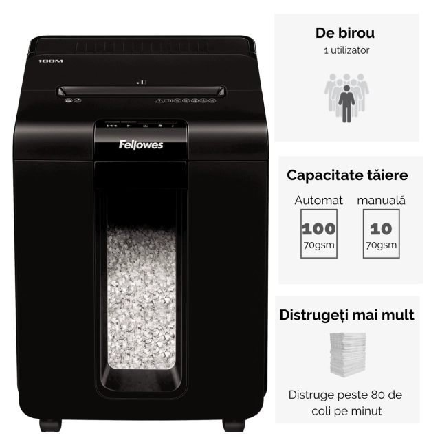 Fellowes Distrugator documente AutoMax 100M, ADF 100 coli, 10 coli manual, 4x10 mm, P-4, cos 23L