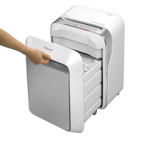 Fellowes Distrugator documente LX211 alb, 15 coli, microparticule 2x12 mm, P-5, cos 23L 