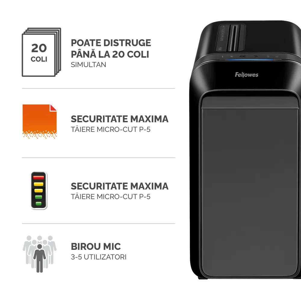 Fellowes Distrugator documente LX221 negru, 20 coli, microparticule 2x12 mm, P-5, cos 30L 