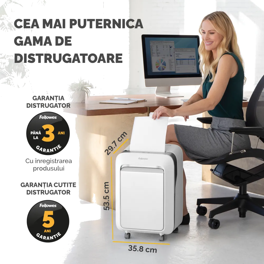 Fellowes Distrugator documente LX211 alb, 15 coli, microparticule 2x12 mm, P-5, cos 23L lifestyle