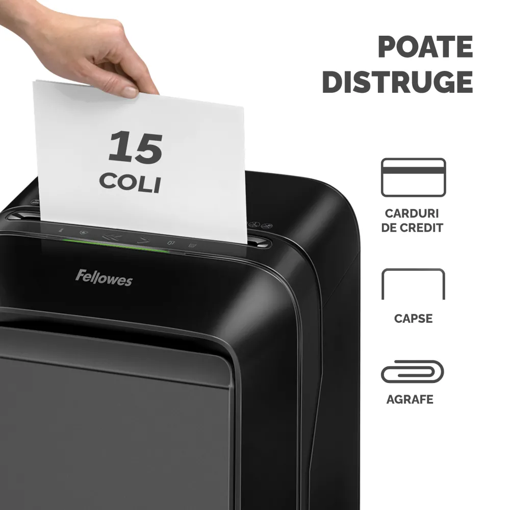 Fellowes Distrugator documente LX211 negru, 15 coli, microparticule 2x12 mm, P-5, cos 23L lifestyle