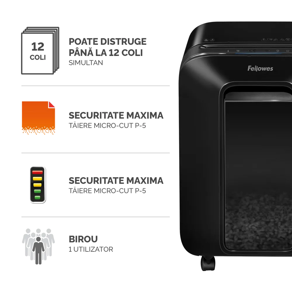 Fellowes Distrugator documente LX201 negru, 12 coli, microparticule 2x12 mm, P-5, cos 22L 