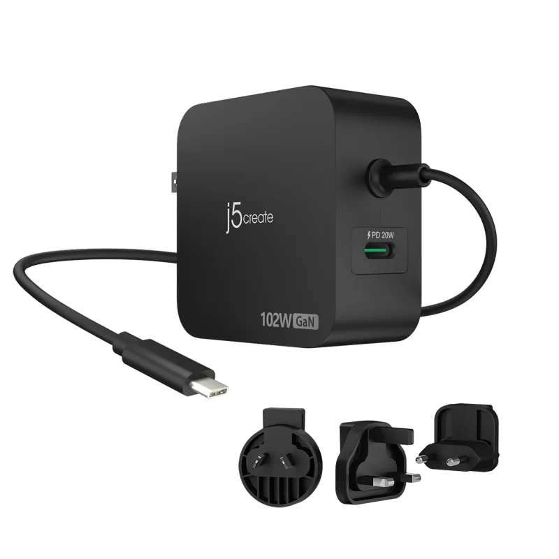 j5create Incarcator retea JUP25102V, 102W GaN, PD, USB-C, 2-porturi, cu adaptoare priza