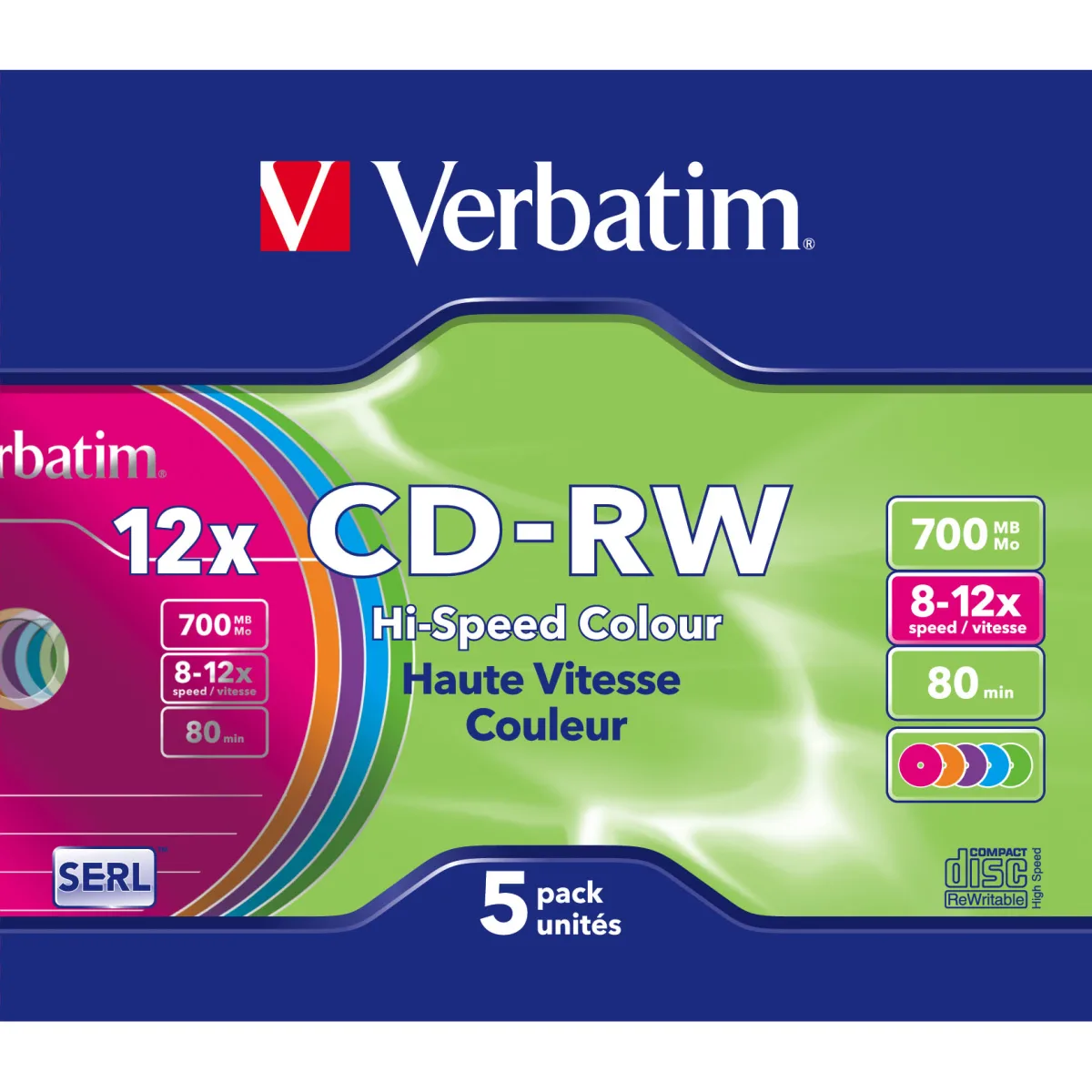 Verbatim Set 5 buc, CD-RW 8-12x 700MB, 80min, colorate, DataLifePlus, SLIM CASE, Hi-Speed