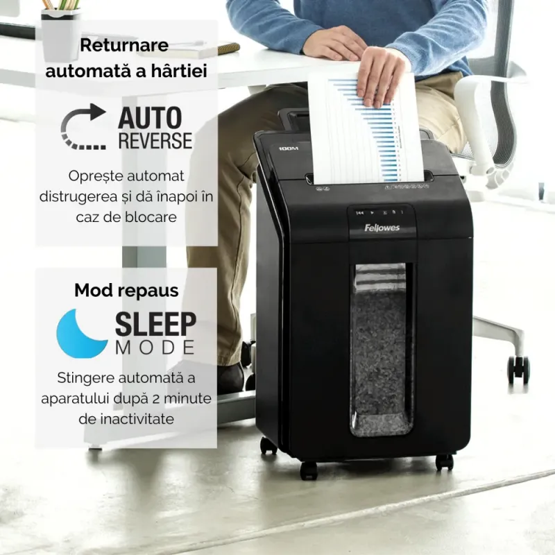 Fellowes Distrugator documente AutoMax 100M, ADF 100 coli, 10 coli manual, 4x10 mm, P-4, cos 23L lifestyle