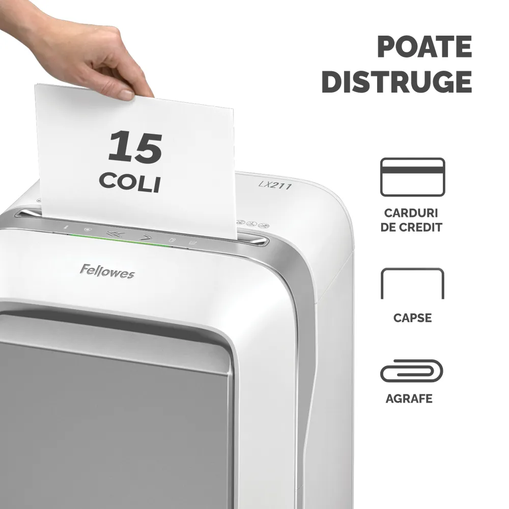 Fellowes Distrugator documente LX211 alb, 15 coli, microparticule 2x12 mm, P-5, cos 23L lifestyle