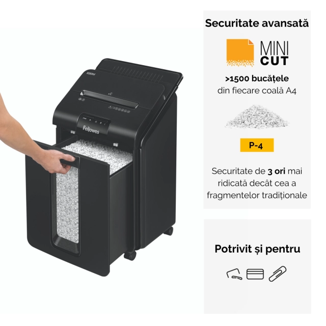 Fellowes Distrugator documente AutoMax 100M, ADF 100 coli, 10 coli manual, 4x10 mm, P-4, cos 23L 