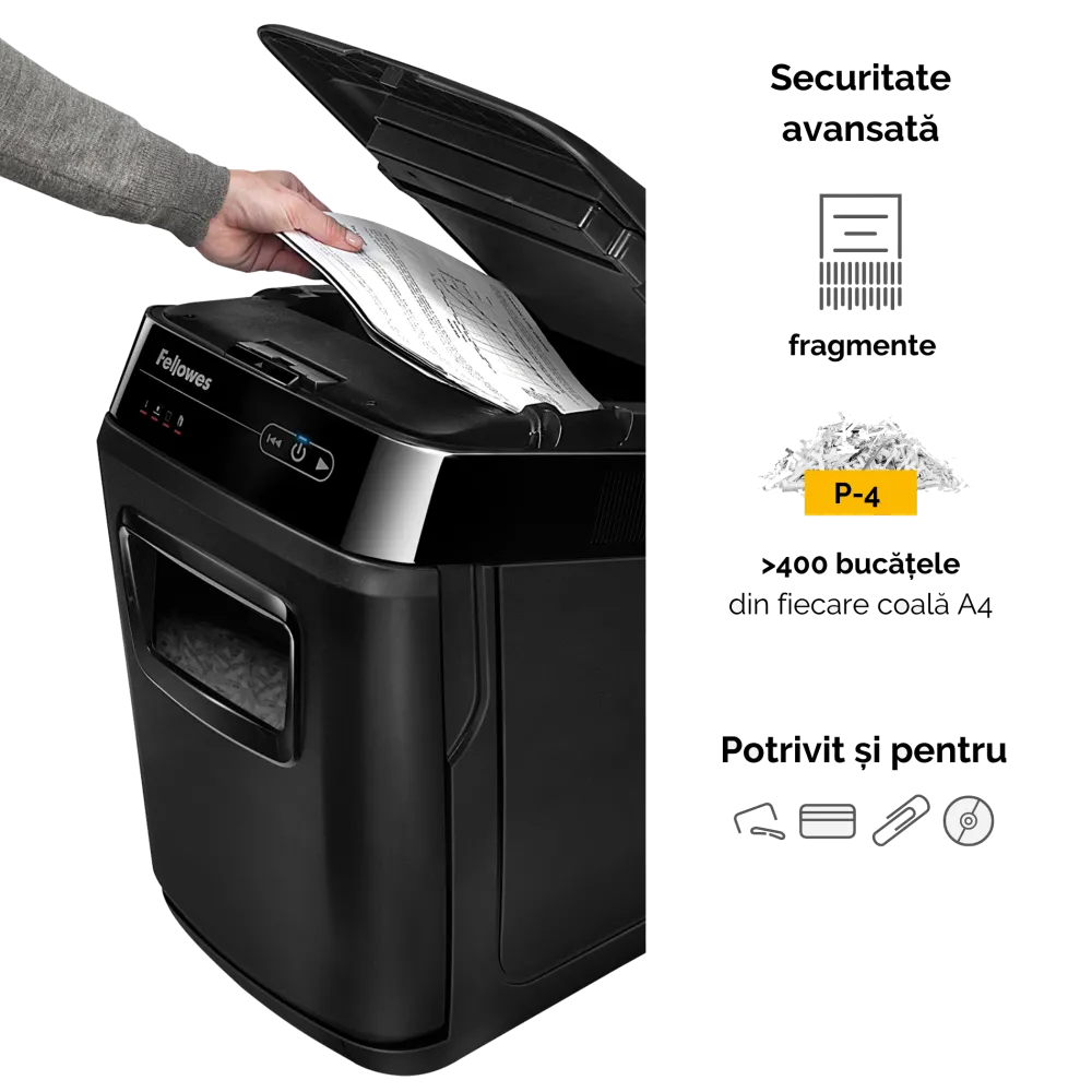 Fellowes Distrugator documente AutoMax 200C, ADF 200 coli, 10 coli manual, 4x38 mm, P-4, cos 32L 