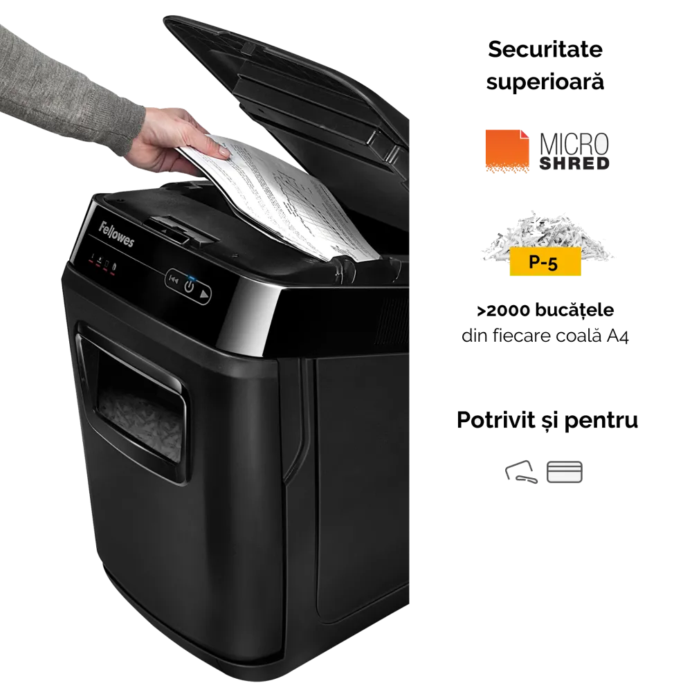 Fellowes Distrugator documente AutoMax 200M, ADF 200 coli, 10 coli manual, 2x14 mm, P-5, cos 32L 