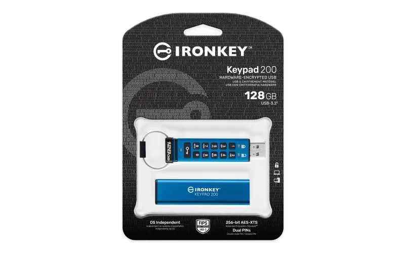 Kingston IronKey Keypad 200, USB-A Flash Drive 128GB, AES-256 Encrypted 