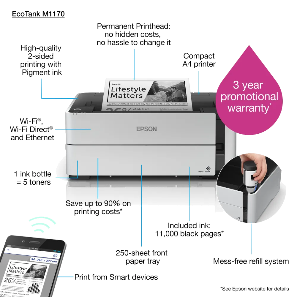 Epson Imprimanta inkjet mono CISS M1170 A4 duplex alimentare 250coli USB Ethernet WiFi 
