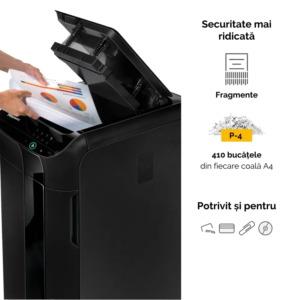 Fellowes Distrugator documente AutoMax 350C, ADF 350 coli, 12 coli manual, 4x38 mm, P-4, cos 68L