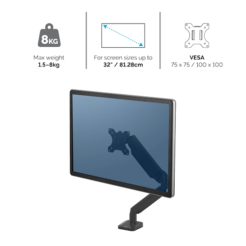 Fellowes Platinum Series Single Monitor Arm Black maxim 32inch si 8Kg 2xUSB-A hub