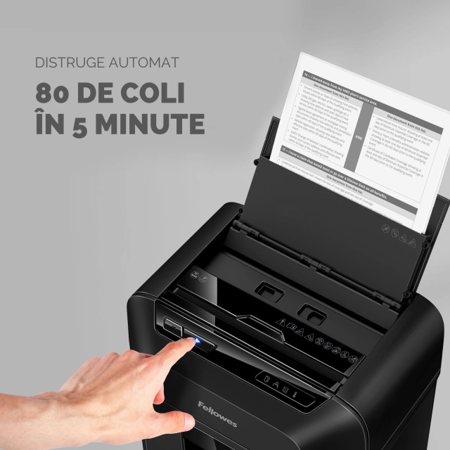 Fellowes Distrugator documente AutoMax 80M, ADF 80 coli, 8 coli manual, 4x12 mm, P-4, cos 17L lifestyle
