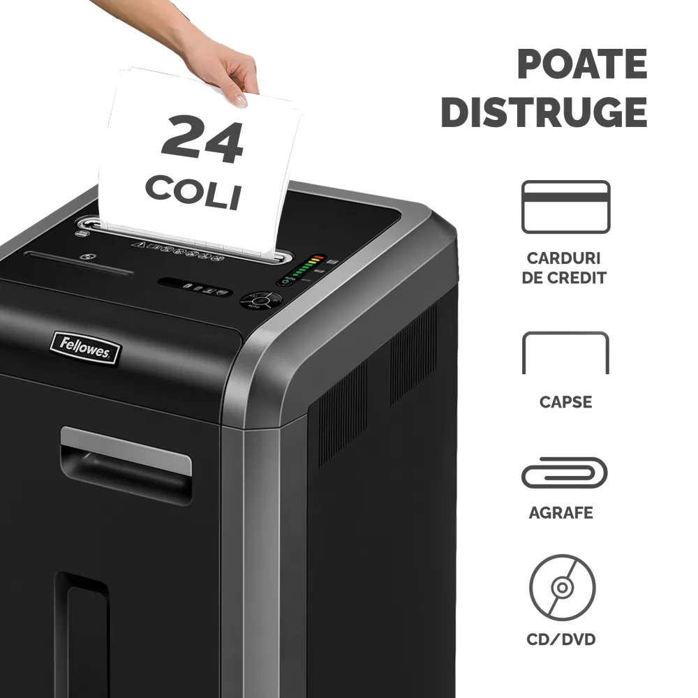 Fellowes Distrugator documente 225Ci, 22-24 coli, particule 4x38 mm, P-4, cos 60L 
