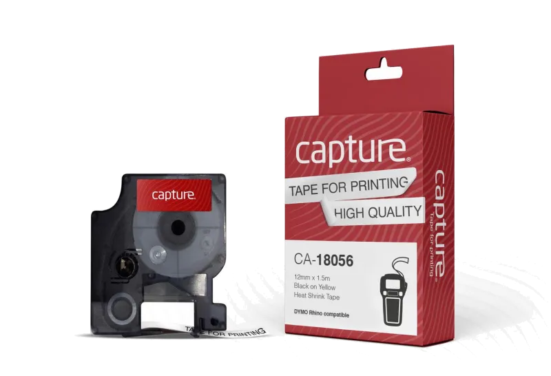 Capture 12mm x 1.5m Black on Yellow, Heat Shrink Tube Labels for Dymo