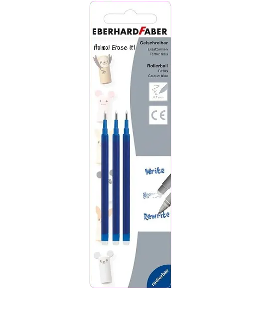 Eberhard Faber Set 3 buc - Rezerve roller cu gel Erasable Animal, 0.7 mm albastru