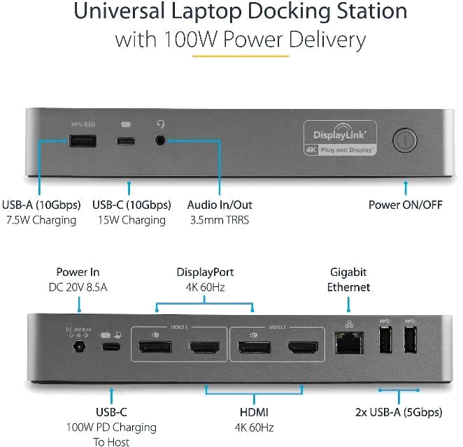 StarTech Hybrid Universal Laptop Docking Station with 100W Power Delivery