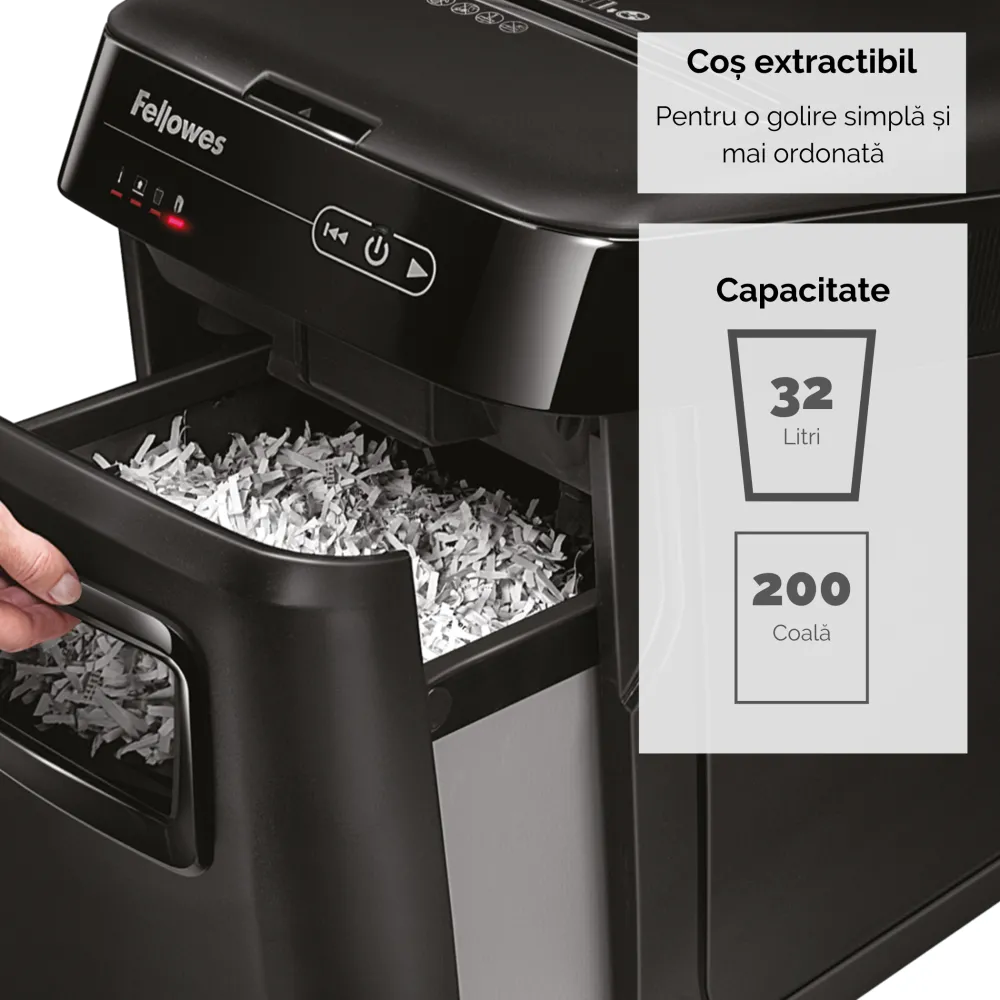 Fellowes Distrugator documente AutoMax 200C, ADF 200 coli, 10 coli manual, 4x38 mm, P-4, cos 32L 