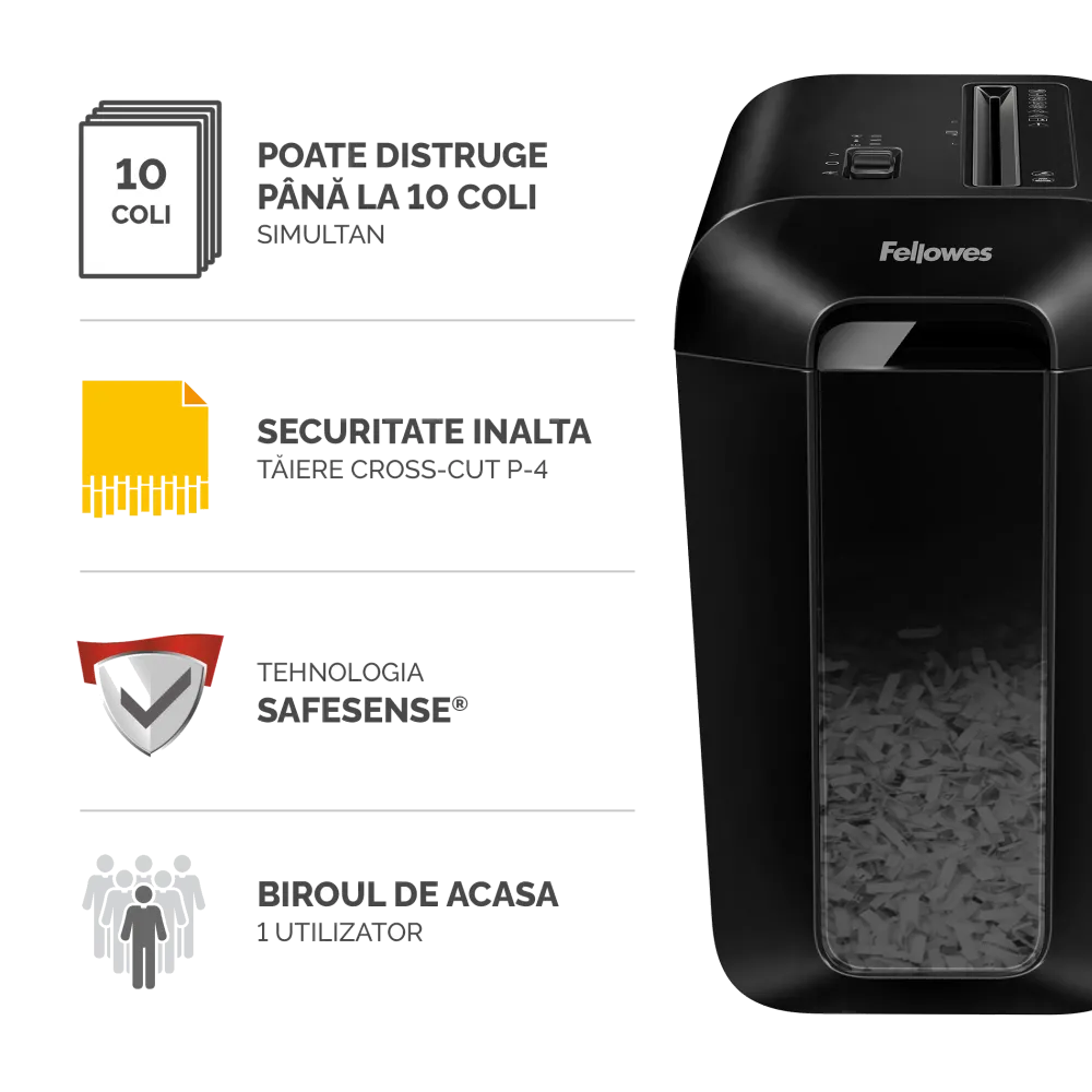 Fellowes Distrugator documente LX65, 10 coli, particule 4x40 mm, P-4, cos 22L 