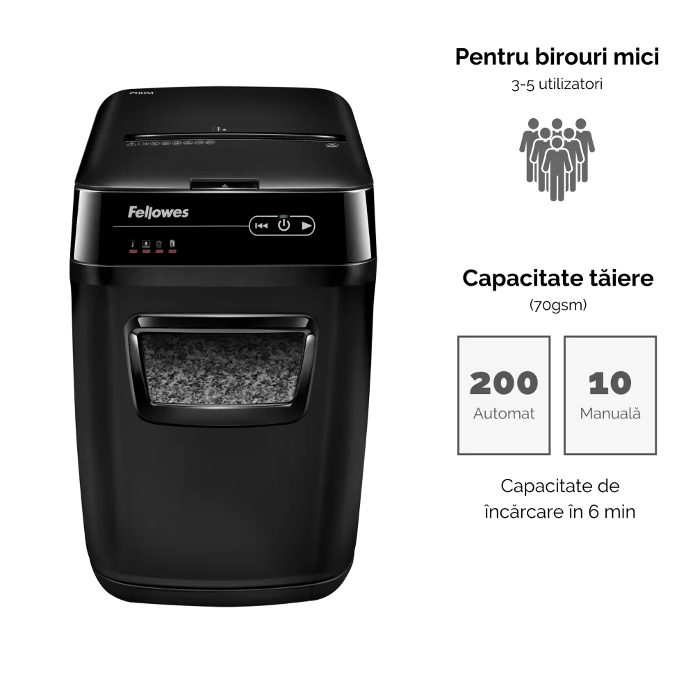 Fellowes Distrugator documente AutoMax 200M, ADF 200 coli, 10 coli manual, 2x14 mm, P-5, cos 32L 