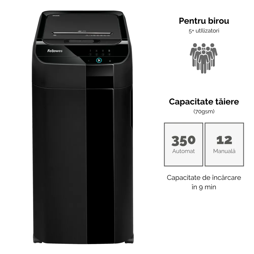 Fellowes Distrugator documente AutoMax 350C, ADF 350 coli, 12 coli manual, 4x38 mm, P-4, cos 68L 