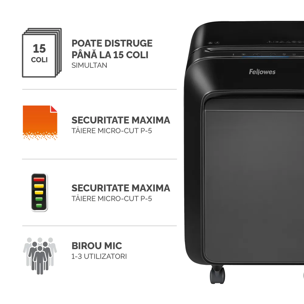 Fellowes Distrugator documente LX211 negru, 15 coli, microparticule 2x12 mm, P-5, cos 23L 