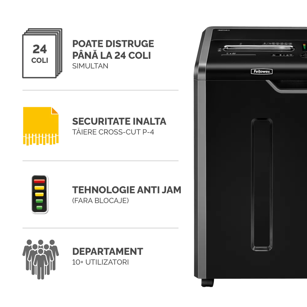 Fellowes Distrugator documente 325Ci, 22-24 coli, particule 4x38 mm, P-4, cos 83L 
