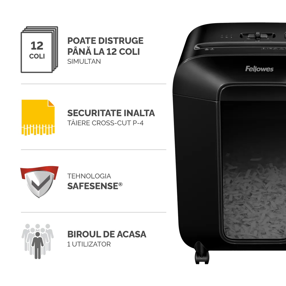 Fellowes Distrugator documente LX85, 12 coli, particule 4x40 mm, P-4, cos 19L 