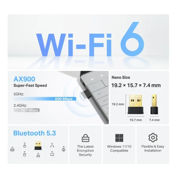 TP-Link Adaptor retea AX900, USB extern wireless 2.4 GHz ; 5 GHz, 900 Mbps, WI-FI 6 si B 