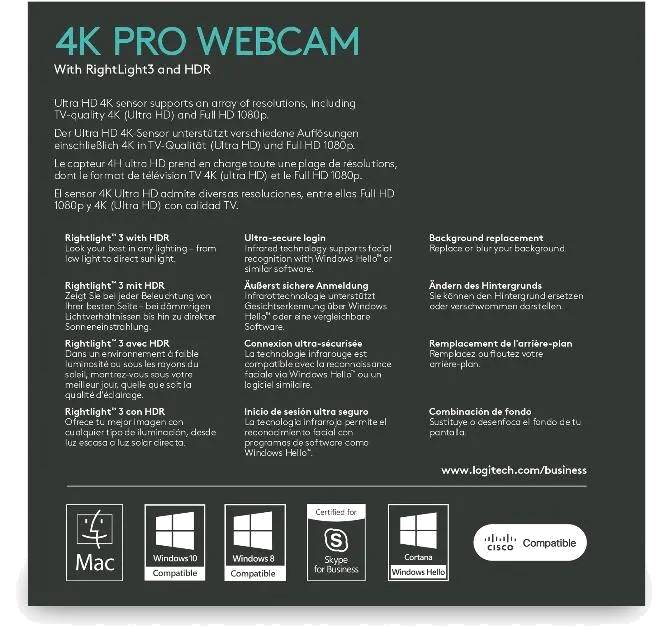 Logitech Brio Webcam 4K Ultra HD 30fps, 5x digital zoom, RightLight 3 HDR 