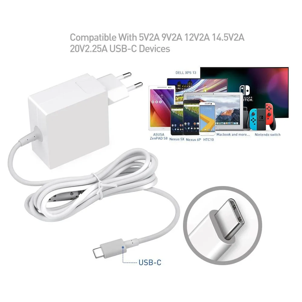 CoreParts USB-C Power Adapter 45W, 5V2A,9V2A,12V2A,15V3A,20V2.25A, EU & UK Wall Plug, WH angle