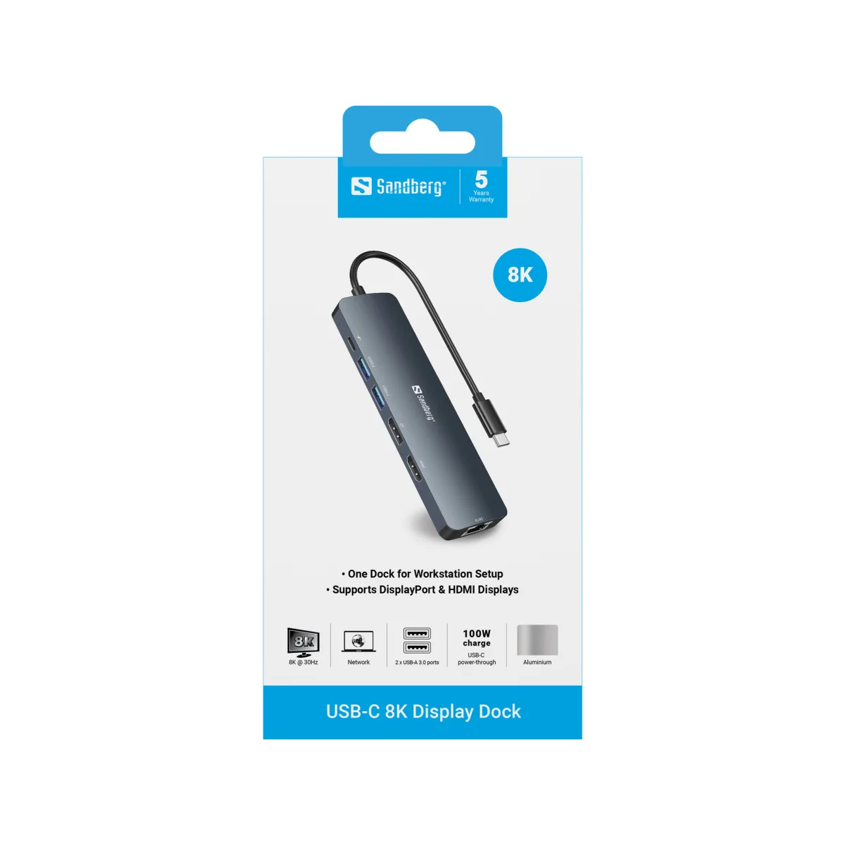 Sandberg USB-C 8K Display Dock SST/MST - 1 x HDMI, 1 x DisplayPort, 1x RJ45, 2 x USB 3.0 angle