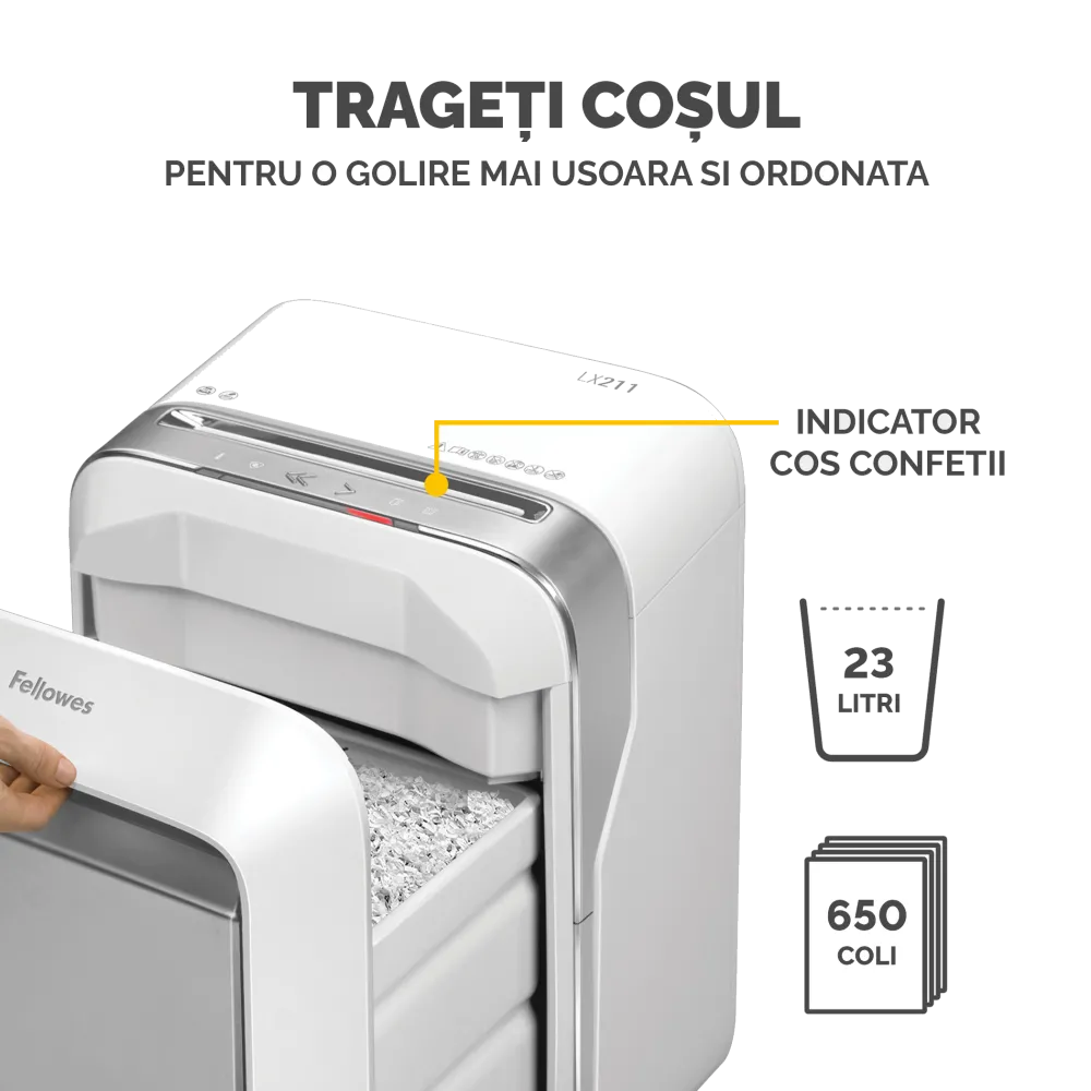 Fellowes Distrugator documente LX211 alb, 15 coli, microparticule 2x12 mm, P-5, cos 23L 
