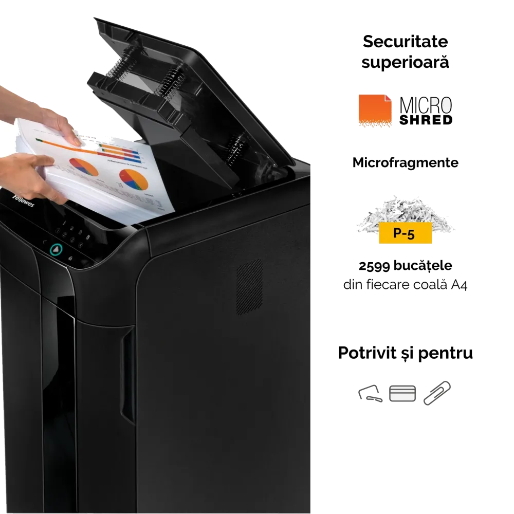 Fellowes Distrugator documente AutoMax 600M, ADF 600 coli, 14 coli manual, 2x12 mm, P-5, cos 83L 