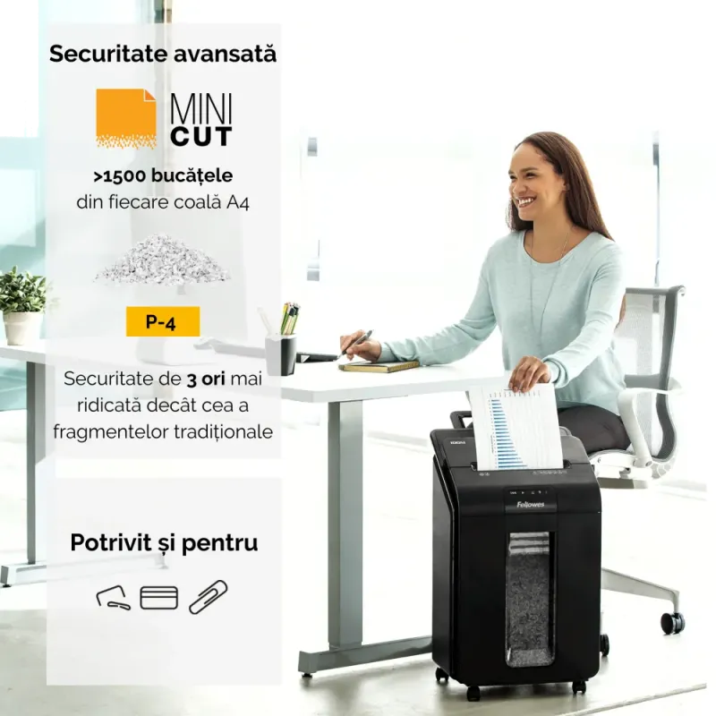 Fellowes Distrugator documente AutoMax 100M, ADF 100 coli, 10 coli manual, 4x10 mm, P-4, cos 23L 