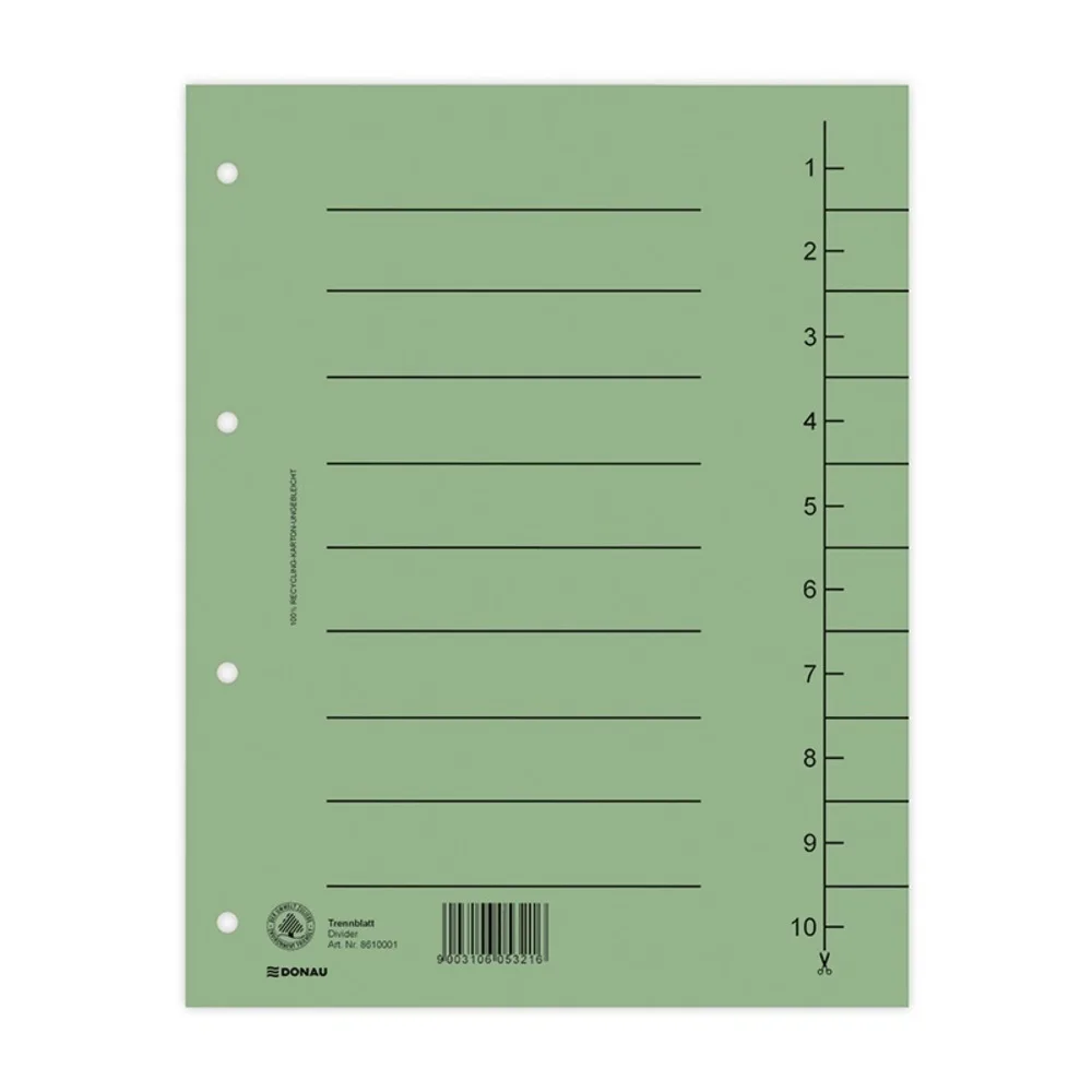 Donau Separatoare A4 carton manila 250 gsm cu index 1-10 100 buc verde