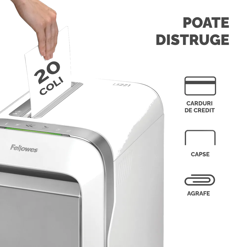 Fellowes Distrugator documente LX221 alb, 20 coli, microparticule 2x12 mm, P-5, cos 30L 
