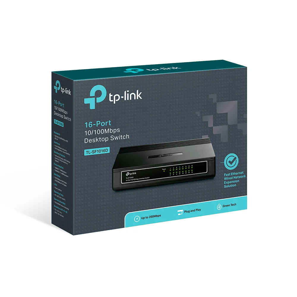 TP-Link Switch TL-SF1016D, 16 porturi 10/100Mbps, Desktop, plastic angle