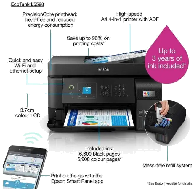 Epson Multifunctional inkjet color CISS L5590 A4 3-in-1 ADF(30 coli) USB Ethernet WIFI
