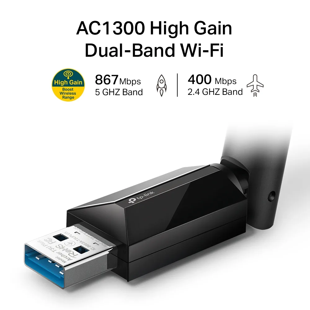 TP-Link Adaptor USB Wireless AC1300 Dual Band 2.4 / 5 GHz 400/867 Mbps, USB 3.0 angle