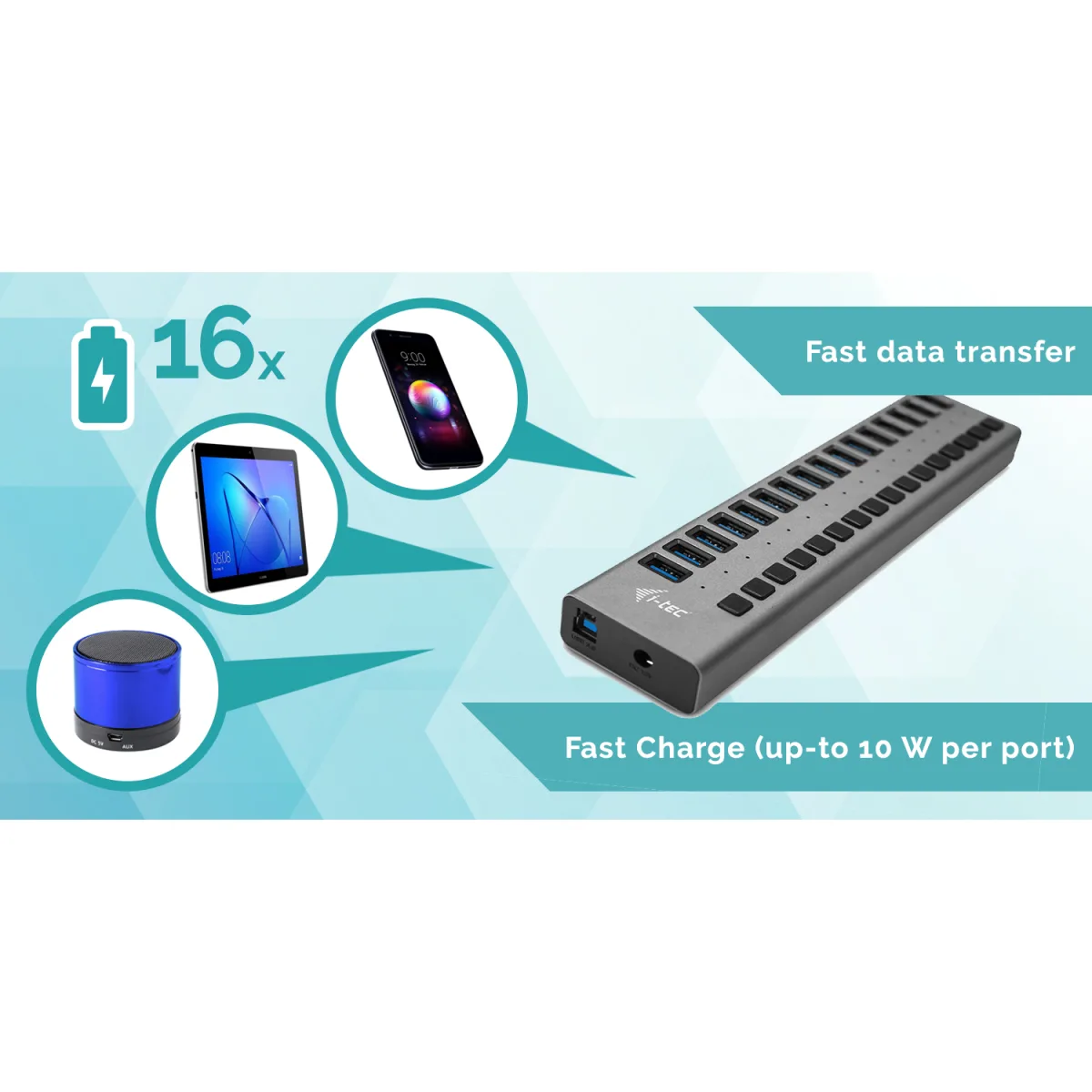 i-Tec USB 3.0 Charging HUB 16 port + Adaptor de alimentare 90W