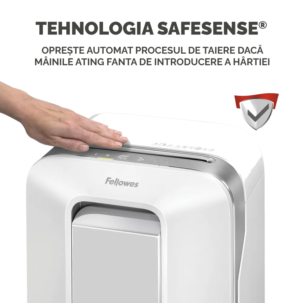 Fellowes Distrugator documente LX201 alb, 12 coli, microparticule 2x12 mm, P-5, cos 22L 