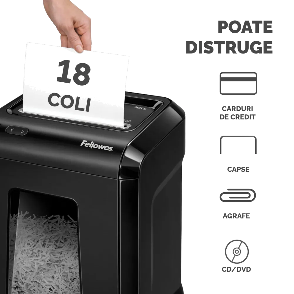 Fellowes Distrugator documente 92Cs, 18 coli, particule 4x38 mm, P-4, CD/DVD, cos 25L 