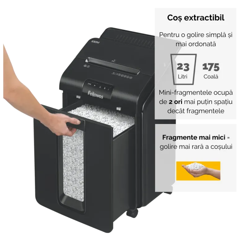 Fellowes Distrugator documente AutoMax 100M, ADF 100 coli, 10 coli manual, 4x10 mm, P-4, cos 23L 